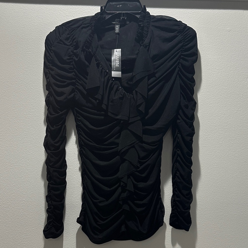 White House Black Market Black Ruched Blouse. New with tags on. Stunning!